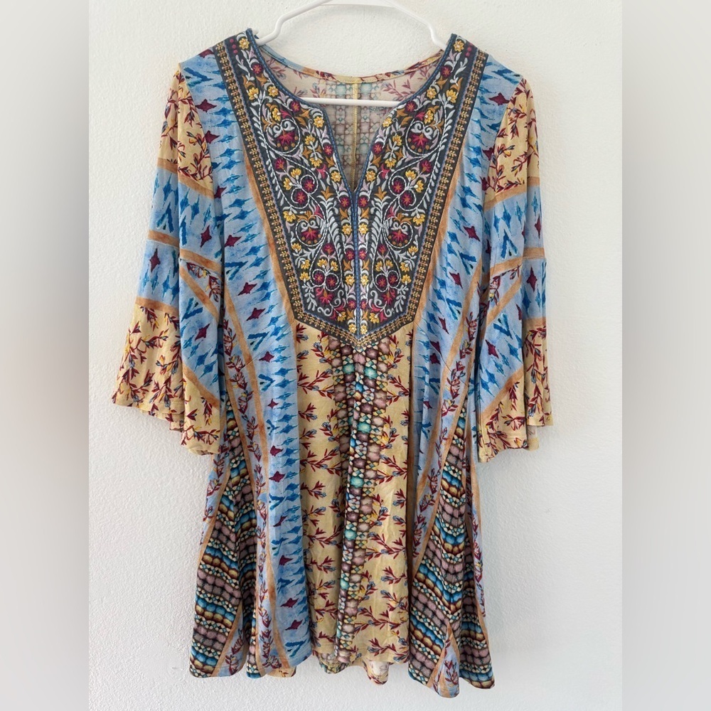 Soft Surroundings Fifi Fit & Flare Embroidered Tunic Blouse 3/4 Bell Sleeves XS